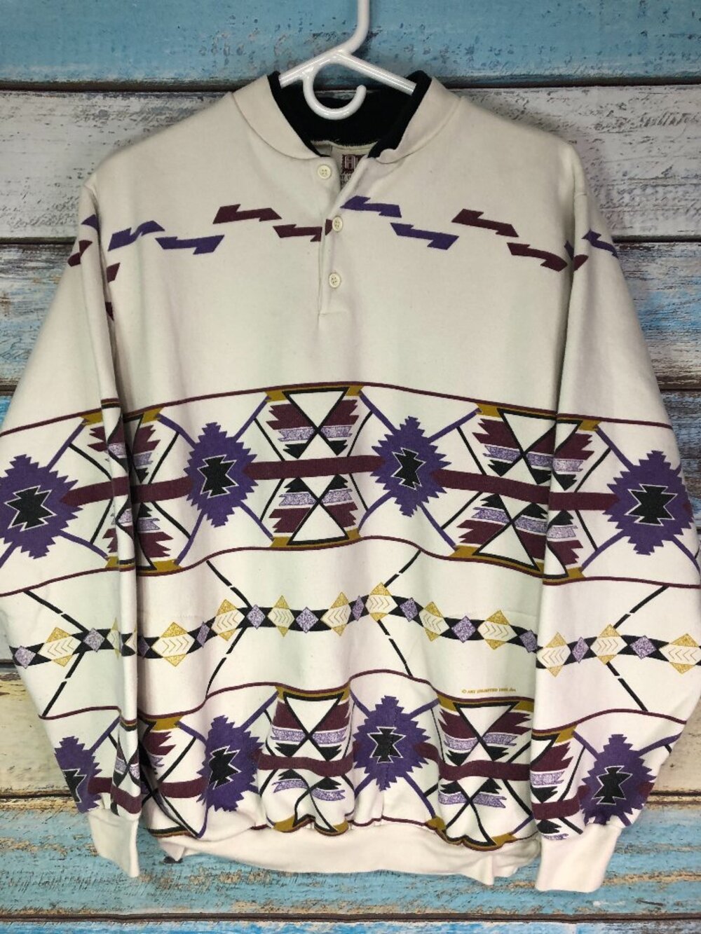 Vintage Art Unlimited Sweatshirt Mens Large White Aztec Tribal Henley Fleece 90s